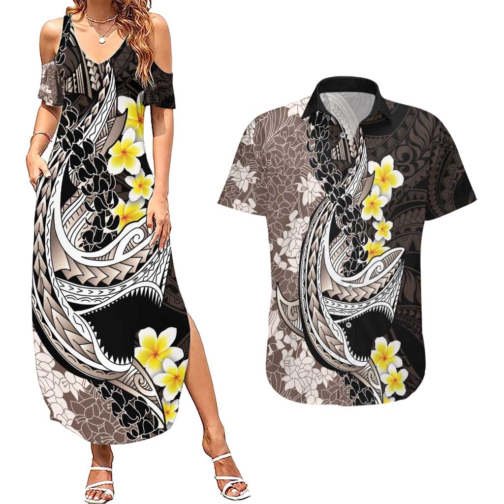Brown and Black Hawaii Shark Tattoo Couples Matching Summer Maxi Dress and Hawaiian Shirt Puakenikeni Lei Plumeria Polynesian Pattern LT14 Black - Polynesian Pride