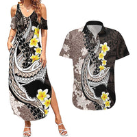 Brown and Black Hawaii Shark Tattoo Couples Matching Summer Maxi Dress and Hawaiian Shirt Puakenikeni Lei Plumeria Polynesian Pattern LT14 Black - Polynesian Pride