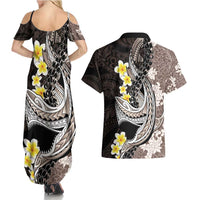 Brown and Black Hawaii Shark Tattoo Couples Matching Summer Maxi Dress and Hawaiian Shirt Puakenikeni Lei Plumeria Polynesian Pattern LT14 - Polynesian Pride