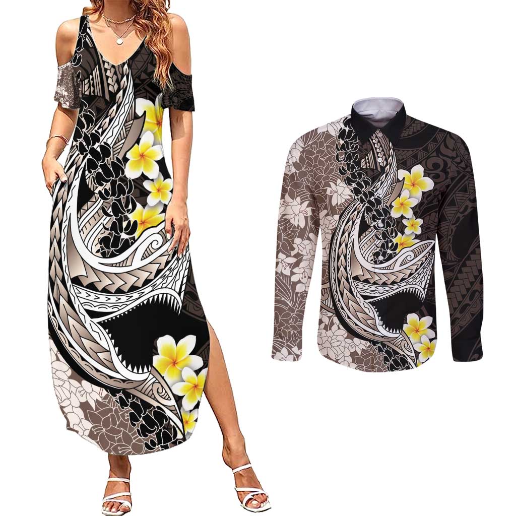 Brown and Black Hawaii Shark Tattoo Couples Matching Summer Maxi Dress and Long Sleeve Button Shirt Puakenikeni Lei Plumeria Polynesian Pattern - Polynesian Pride