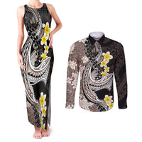 Brown and Black Hawaii Shark Tattoo Couples Matching Tank Maxi Dress and Long Sleeve Button Shirt Puakenikeni Lei Plumeria Polynesian Pattern - Polynesian Pride