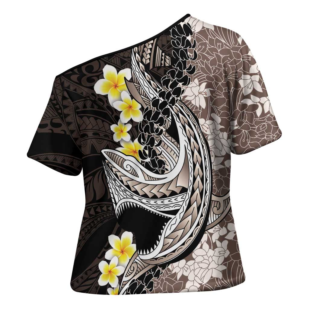 Brown and Black Hawaii Shark Tattoo Cross Shoulder Shirt Puakenikeni Lei Plumeria Polynesian Pattern - Polynesian Pride