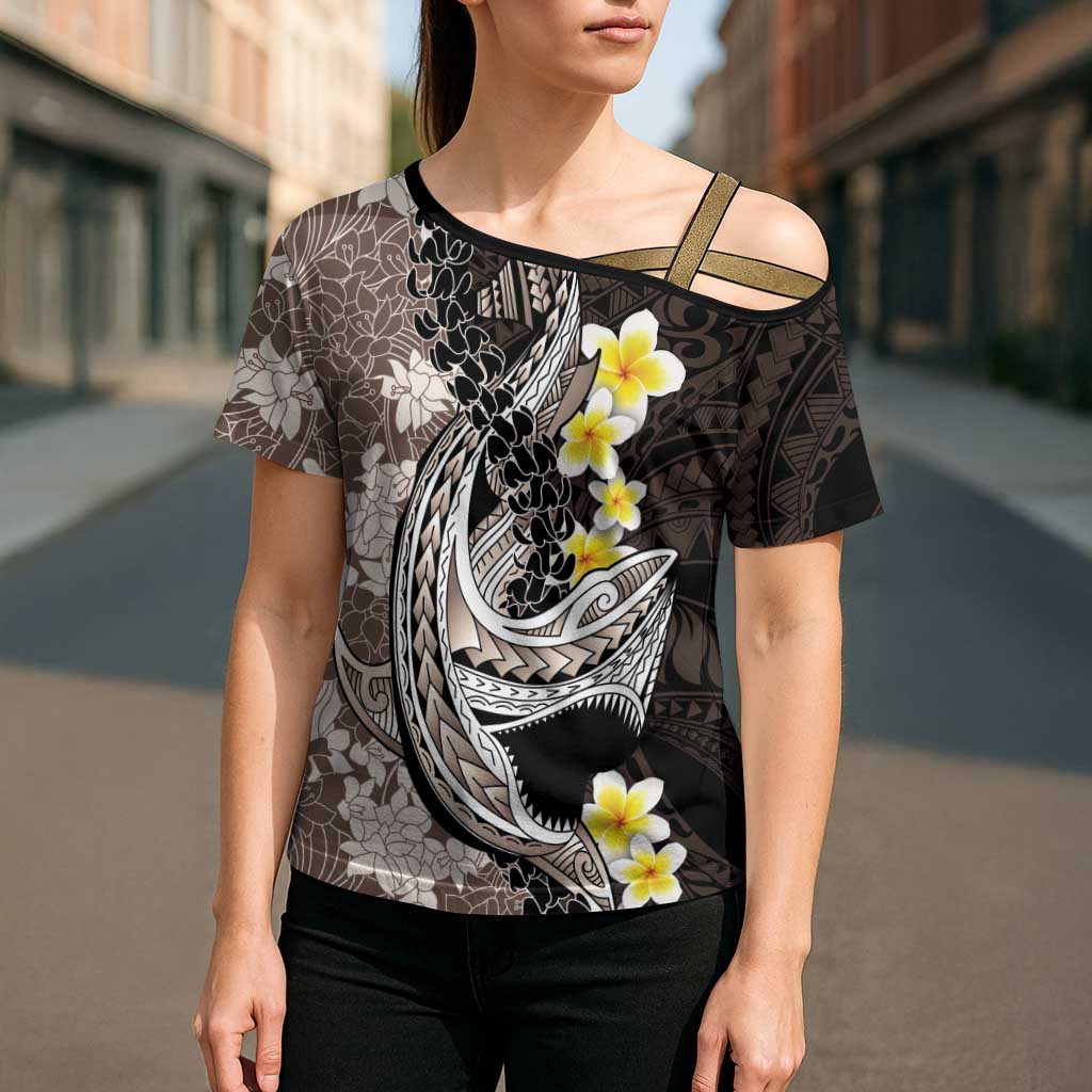 Brown and Black Hawaii Shark Tattoo Cross Shoulder Shirt Puakenikeni Lei Plumeria Polynesian Pattern - Polynesian Pride