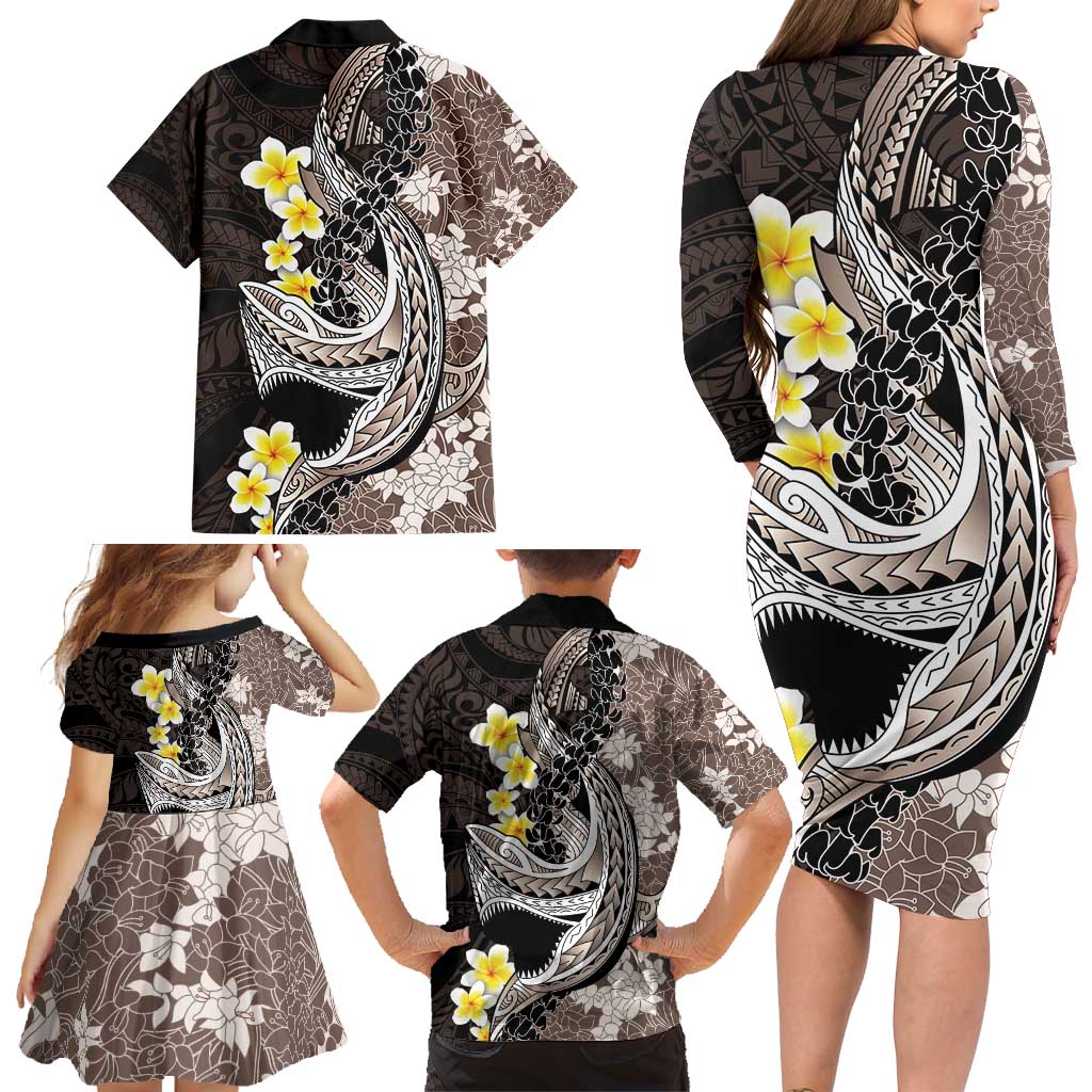 Brown and Black Hawaii Shark Tattoo Family Matching Long Sleeve Bodycon Dress and Hawaiian Shirt Puakenikeni Lei Plumeria Polynesian Pattern LT14 - Polynesian Pride