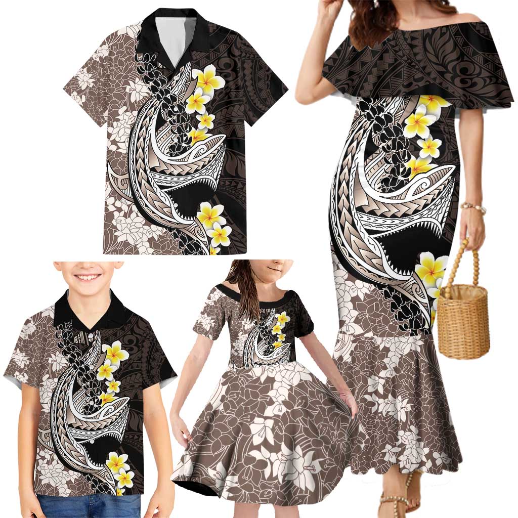Brown and Black Hawaii Shark Tattoo Family Matching Mermaid Dress and Hawaiian Shirt Puakenikeni Lei Plumeria Polynesian Pattern LT14 - Polynesian Pride