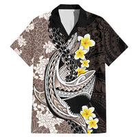 Brown and Black Hawaii Shark Tattoo Family Matching Mermaid Dress and Hawaiian Shirt Puakenikeni Lei Plumeria Polynesian Pattern LT14 Dad's Shirt - Short Sleeve Black - Polynesian Pride