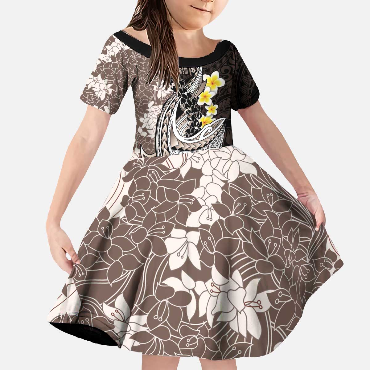 Brown and Black Hawaii Shark Tattoo Family Matching Off The Shoulder Long Sleeve Dress and Hawaiian Shirt Puakenikeni Lei Plumeria Polynesian Pattern LT14 Daughter's Dress Black - Polynesian Pride