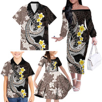 Brown and Black Hawaii Shark Tattoo Family Matching Off The Shoulder Long Sleeve Dress and Hawaiian Shirt Puakenikeni Lei Plumeria Polynesian Pattern LT14 - Polynesian Pride