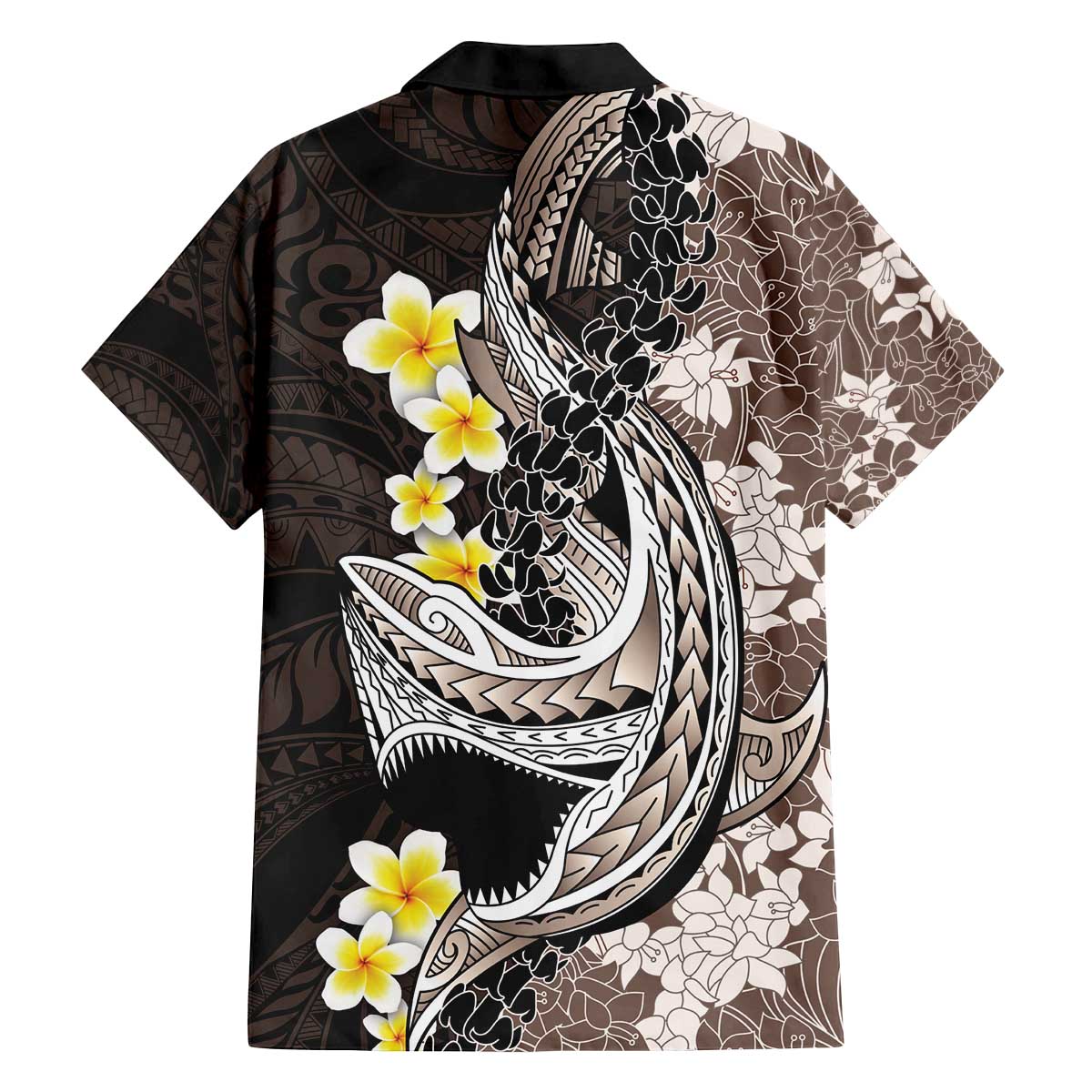 Brown and Black Hawaii Shark Tattoo Family Matching Off The Shoulder Long Sleeve Dress and Hawaiian Shirt Puakenikeni Lei Plumeria Polynesian Pattern LT14 - Polynesian Pride