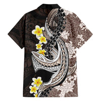 Brown and Black Hawaii Shark Tattoo Family Matching Off The Shoulder Long Sleeve Dress and Hawaiian Shirt Puakenikeni Lei Plumeria Polynesian Pattern LT14 - Polynesian Pride