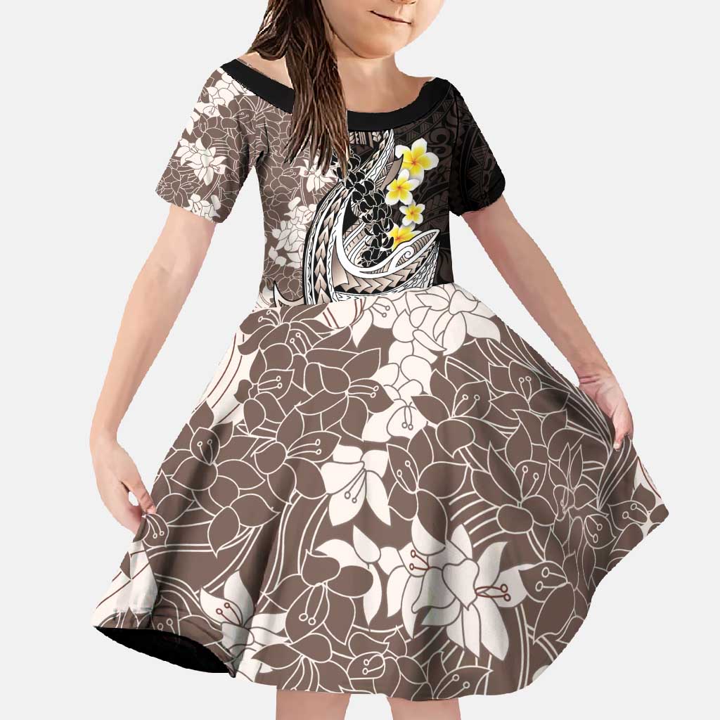 Brown and Black Hawaii Shark Tattoo Family Matching Off Shoulder Maxi Dress and Hawaiian Shirt Puakenikeni Lei Plumeria Polynesian Pattern LT14 Daughter's Dress Black - Polynesian Pride
