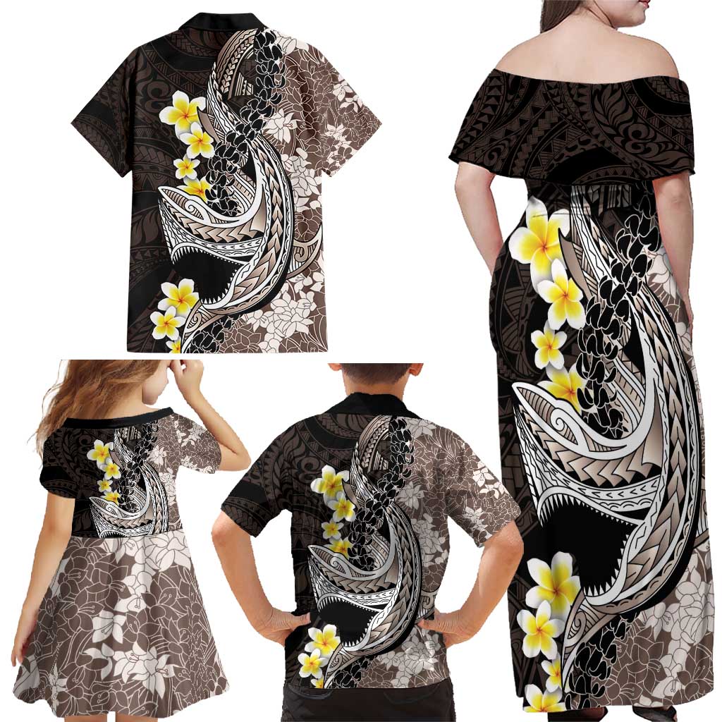 Brown and Black Hawaii Shark Tattoo Family Matching Off Shoulder Maxi Dress and Hawaiian Shirt Puakenikeni Lei Plumeria Polynesian Pattern LT14 - Polynesian Pride