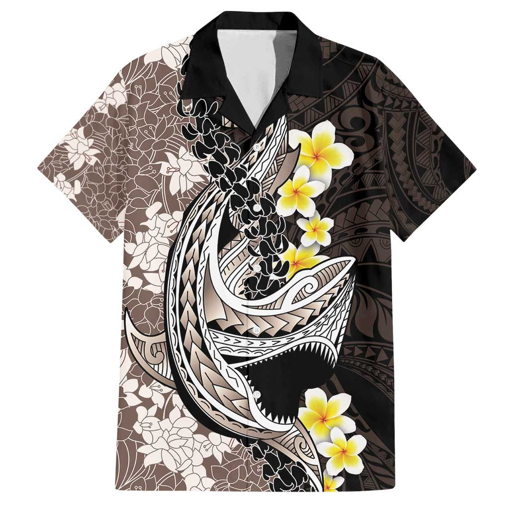 Brown and Black Hawaii Shark Tattoo Family Matching Off Shoulder Maxi Dress and Hawaiian Shirt Puakenikeni Lei Plumeria Polynesian Pattern LT14 Dad's Shirt - Short Sleeve Black - Polynesian Pride
