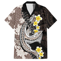 Brown and Black Hawaii Shark Tattoo Family Matching Off Shoulder Maxi Dress and Hawaiian Shirt Puakenikeni Lei Plumeria Polynesian Pattern LT14 Dad's Shirt - Short Sleeve Black - Polynesian Pride