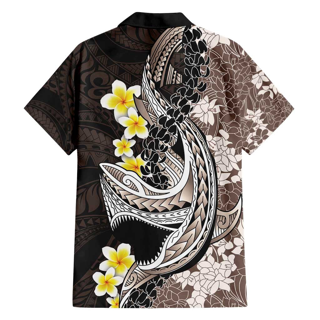Brown and Black Hawaii Shark Tattoo Family Matching Off Shoulder Maxi Dress and Hawaiian Shirt Puakenikeni Lei Plumeria Polynesian Pattern LT14 - Polynesian Pride