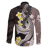 Brown and Black Hawaii Shark Tattoo Family Matching Off Shoulder Maxi Dress and Hawaiian Shirt Puakenikeni Lei Plumeria Polynesian Pattern LT14 - Polynesian Pride
