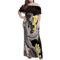 Brown and Black Hawaii Shark Tattoo Family Matching Off Shoulder Maxi Dress and Hawaiian Shirt Puakenikeni Lei Plumeria Polynesian Pattern LT14 Mom's Dress Black - Polynesian Pride