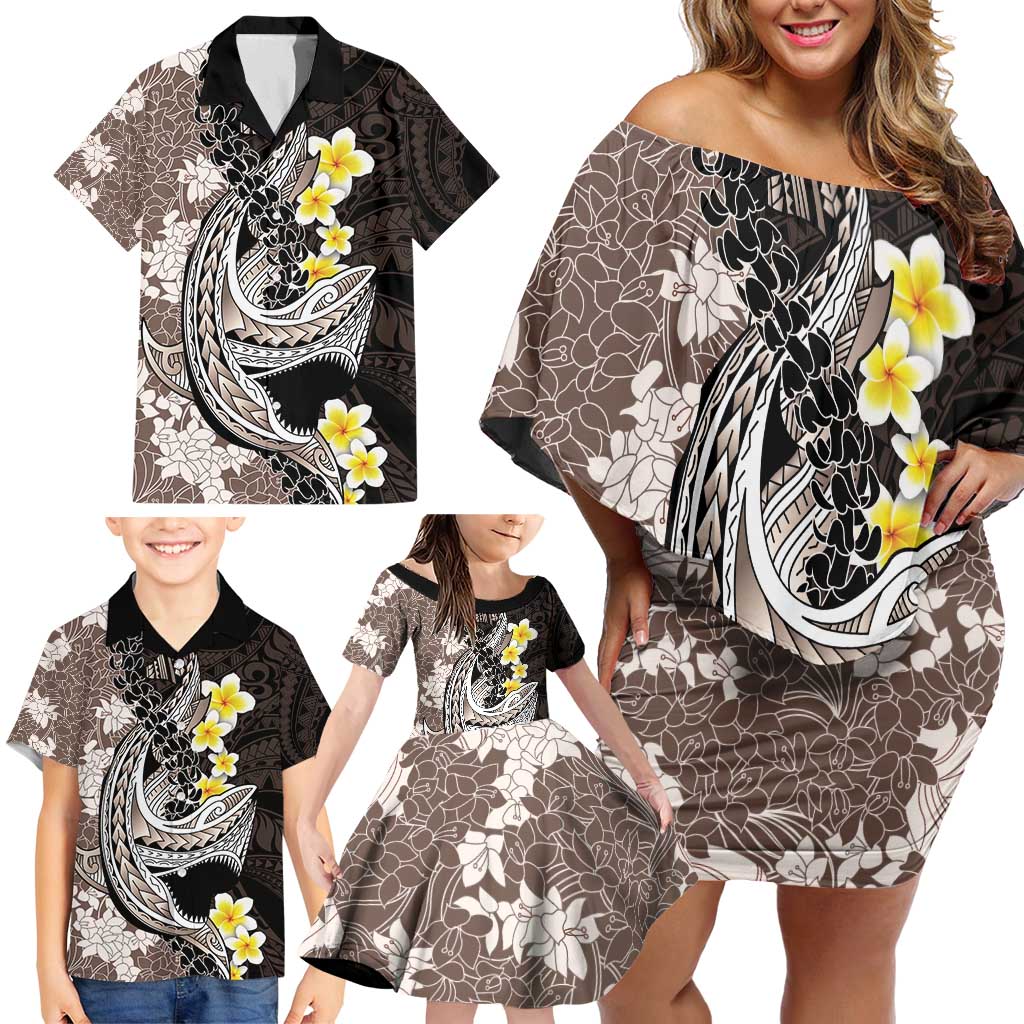 Brown and Black Hawaii Shark Tattoo Family Matching Off Shoulder Short Dress and Hawaiian Shirt Puakenikeni Lei Plumeria Polynesian Pattern LT14 - Polynesian Pride
