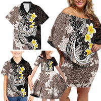 Brown and Black Hawaii Shark Tattoo Family Matching Off Shoulder Short Dress and Hawaiian Shirt Puakenikeni Lei Plumeria Polynesian Pattern LT14 - Polynesian Pride