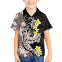 Brown and Black Hawaii Shark Tattoo Family Matching Off Shoulder Short Dress and Hawaiian Shirt Puakenikeni Lei Plumeria Polynesian Pattern LT14 Son's Shirt Black - Polynesian Pride