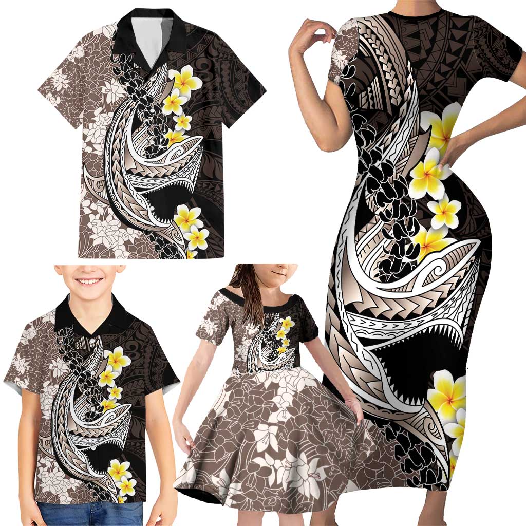 Brown and Black Hawaii Shark Tattoo Family Matching Short Sleeve Bodycon Dress and Hawaiian Shirt Puakenikeni Lei Plumeria Polynesian Pattern LT14 - Polynesian Pride