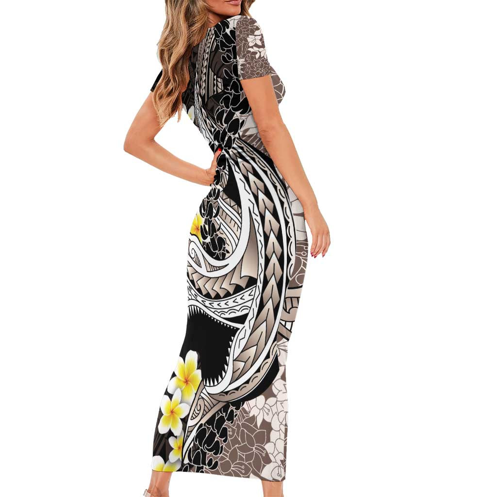 Brown and Black Hawaii Shark Tattoo Family Matching Short Sleeve Bodycon Dress and Hawaiian Shirt Puakenikeni Lei Plumeria Polynesian Pattern LT14 - Polynesian Pride