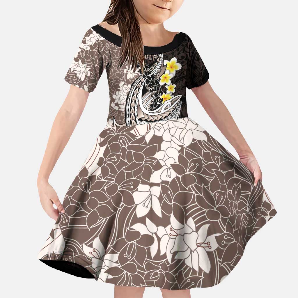 Brown and Black Hawaii Shark Tattoo Family Matching Summer Maxi Dress and Hawaiian Shirt Puakenikeni Lei Plumeria Polynesian Pattern LT14 Daughter's Dress Black - Polynesian Pride
