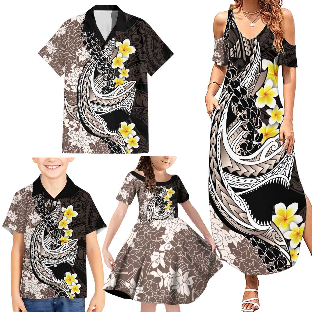 Brown and Black Hawaii Shark Tattoo Family Matching Summer Maxi Dress and Hawaiian Shirt Puakenikeni Lei Plumeria Polynesian Pattern LT14 - Polynesian Pride