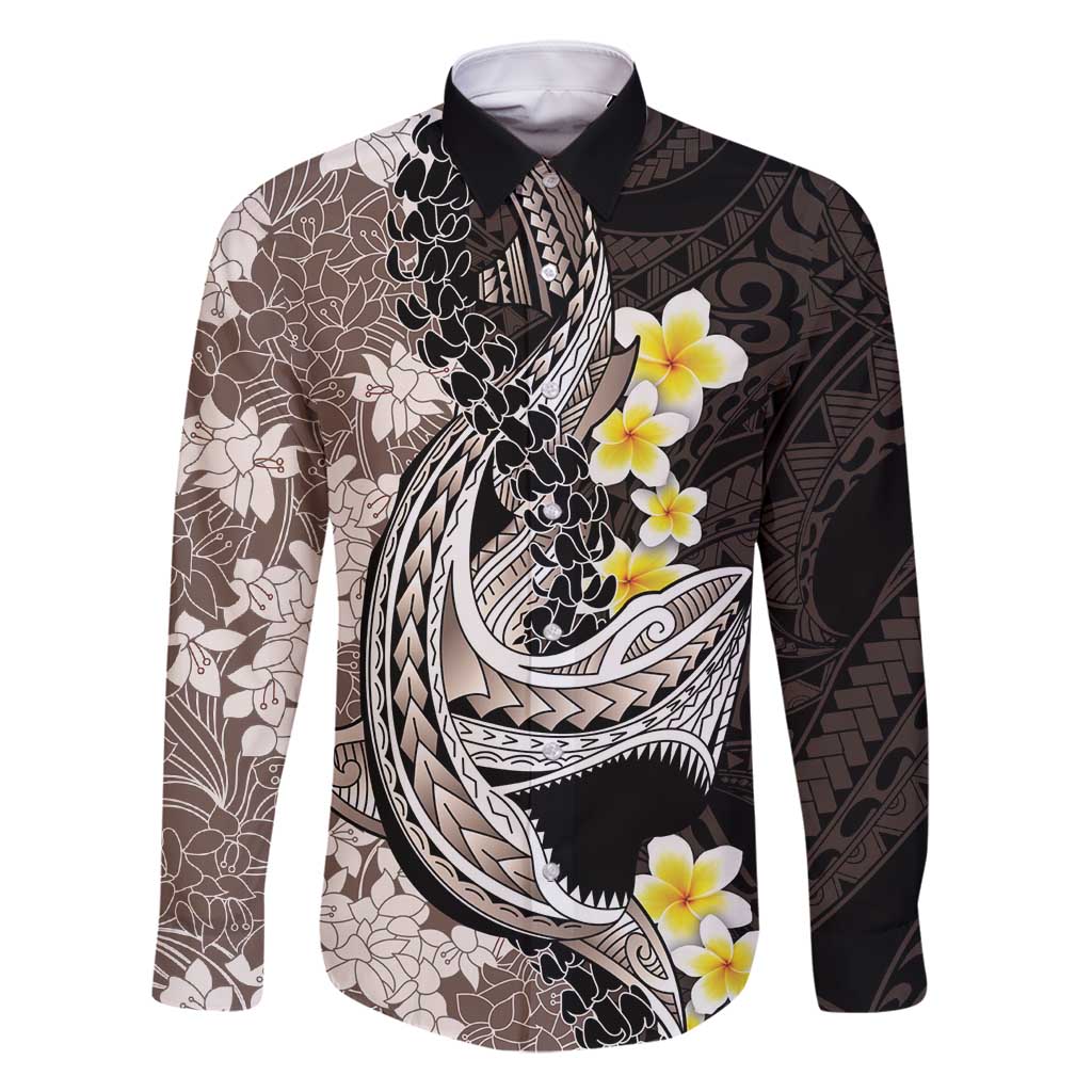 Brown and Black Hawaii Shark Tattoo Family Matching Summer Maxi Dress and Hawaiian Shirt Puakenikeni Lei Plumeria Polynesian Pattern LT14 Dad's Shirt - Long Sleeve Black - Polynesian Pride