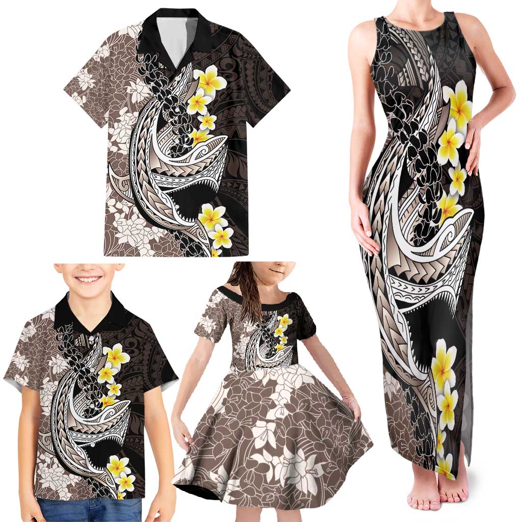 Brown and Black Hawaii Shark Tattoo Family Matching Tank Maxi Dress and Hawaiian Shirt Puakenikeni Lei Plumeria Polynesian Pattern LT14 - Polynesian Pride