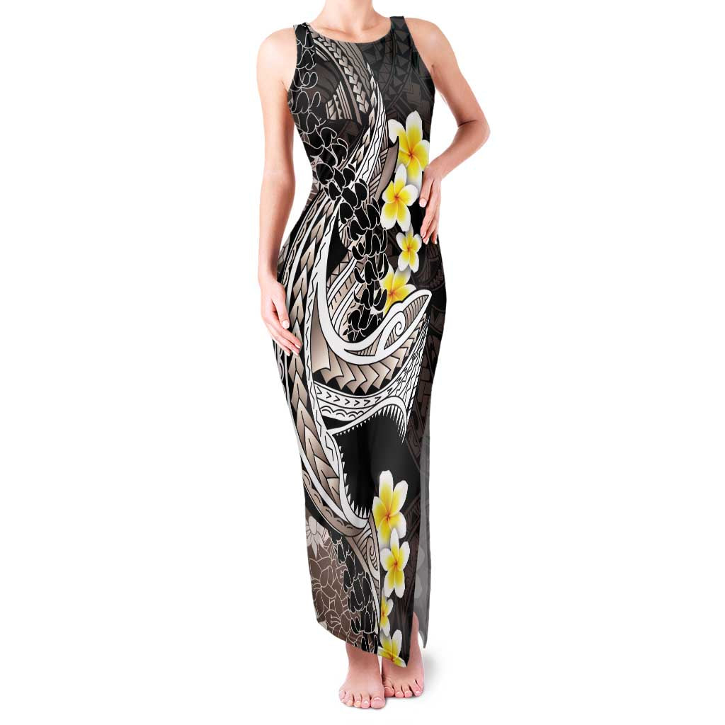 Brown and Black Hawaii Shark Tattoo Family Matching Tank Maxi Dress and Hawaiian Shirt Puakenikeni Lei Plumeria Polynesian Pattern LT14 Mom's Dress Black - Polynesian Pride