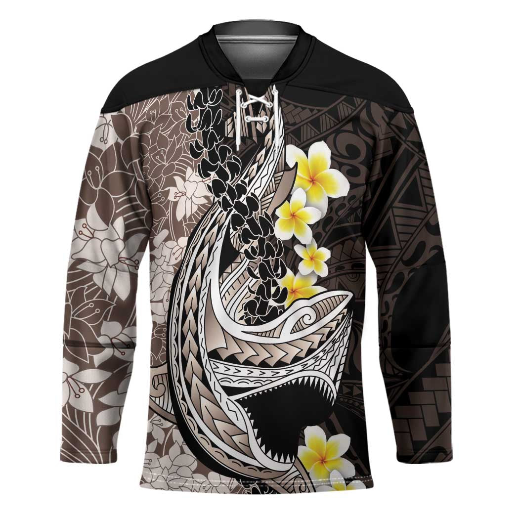Brown and Black Hawaii Shark Tattoo Hockey Jersey Puakenikeni Lei Plumeria Polynesian Pattern - Polynesian Pride