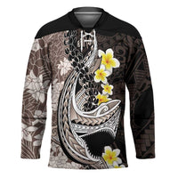 Brown and Black Hawaii Shark Tattoo Hockey Jersey Puakenikeni Lei Plumeria Polynesian Pattern - Polynesian Pride
