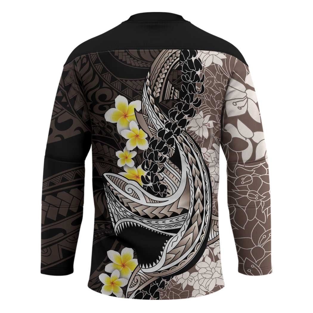 Brown and Black Hawaii Shark Tattoo Hockey Jersey Puakenikeni Lei Plumeria Polynesian Pattern - Polynesian Pride