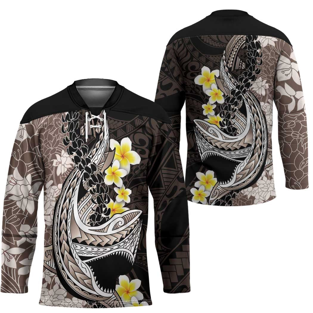 Brown and Black Hawaii Shark Tattoo Hockey Jersey Puakenikeni Lei Plumeria Polynesian Pattern - Polynesian Pride
