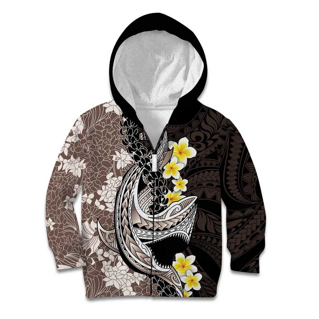 Brown and Black Hawaii Shark Tattoo Kid Hoodie Puakenikeni Lei Plumeria Polynesian Pattern - Polynesian Pride