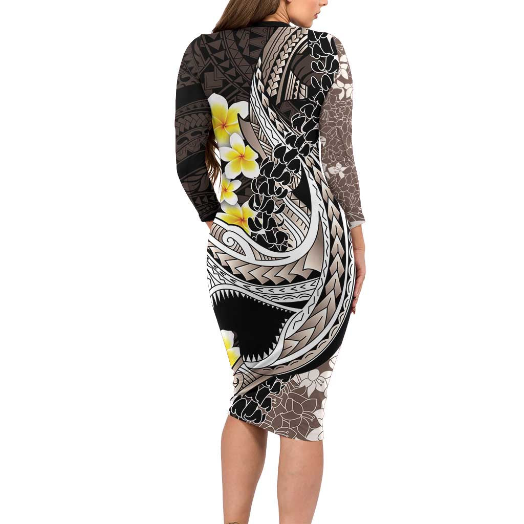 Brown and Black Hawaii Shark Tattoo Long Sleeve Bodycon Dress Puakenikeni Lei Plumeria Polynesian Pattern - Polynesian Pride
