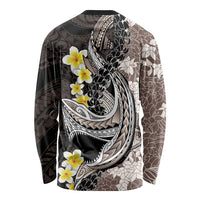 Brown and Black Hawaii Shark Tattoo Long Sleeve Shirt Puakenikeni Lei Plumeria Polynesian Pattern - Polynesian Pride