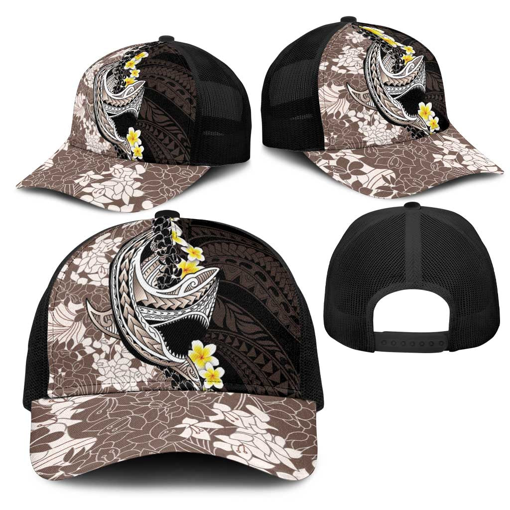 Brown and Black Hawaii Shark Tattoo Mesh Trucker Cap Puakenikeni Lei Plumeria Polynesian Pattern - Polynesian Pride