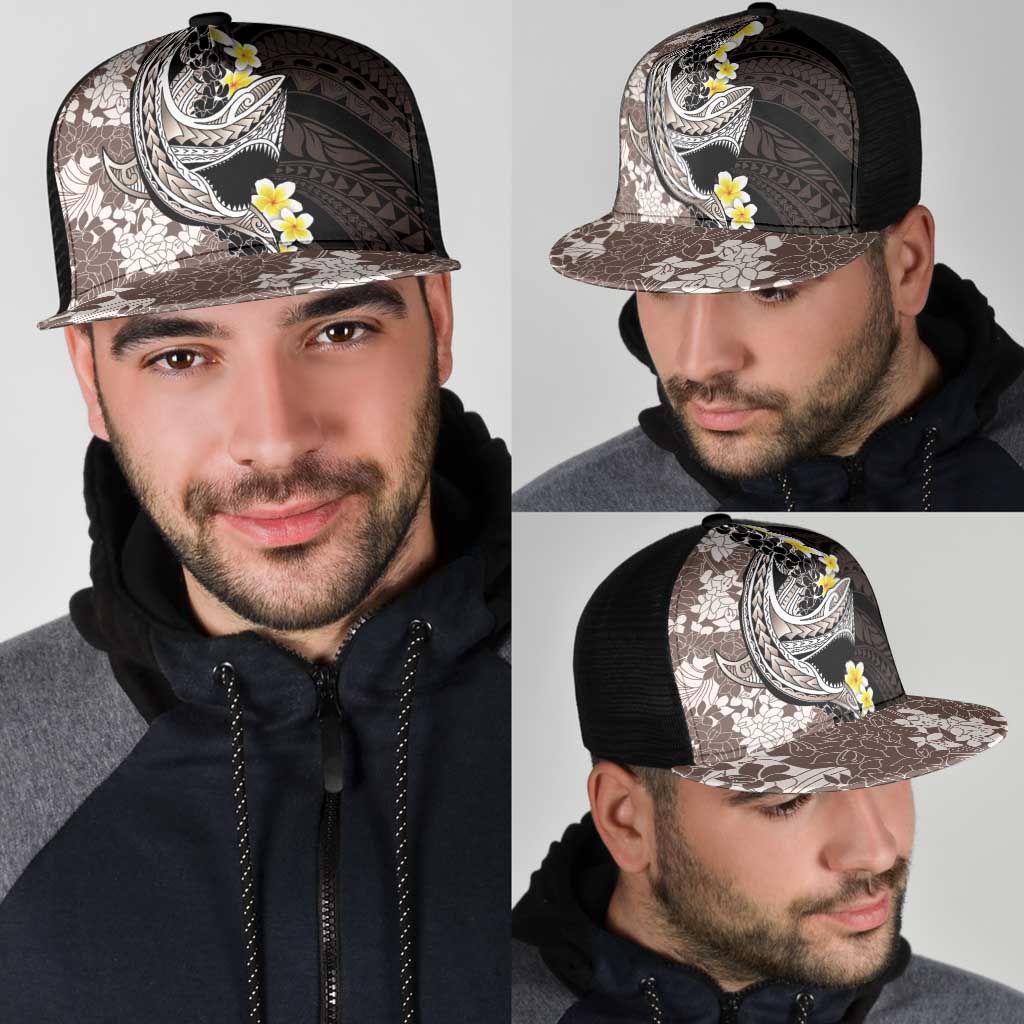 Brown and Black Hawaii Shark Tattoo Mesh Trucker Cap Puakenikeni Lei Plumeria Polynesian Pattern - Polynesian Pride