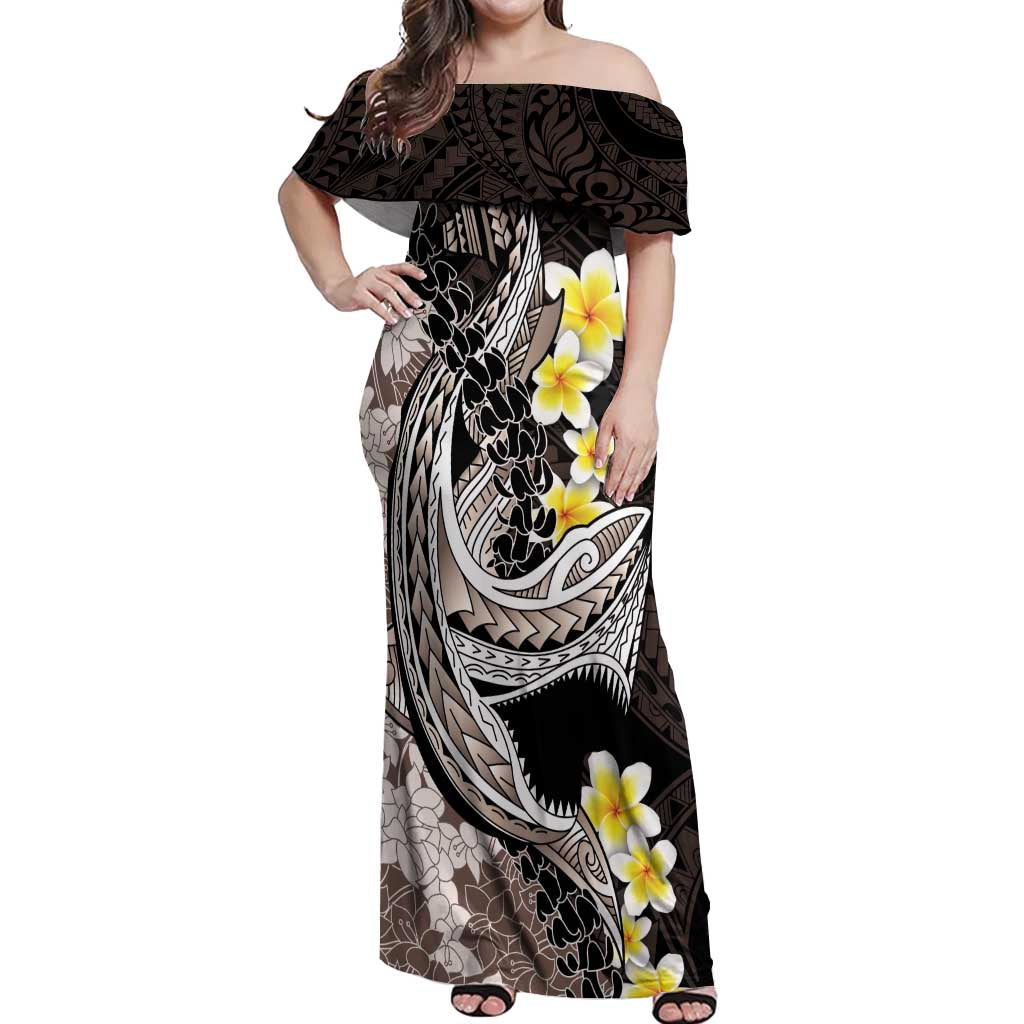 Brown and Black Hawaii Shark Tattoo Off Shoulder Maxi Dress Puakenikeni Lei Plumeria Polynesian Pattern - Polynesian Pride