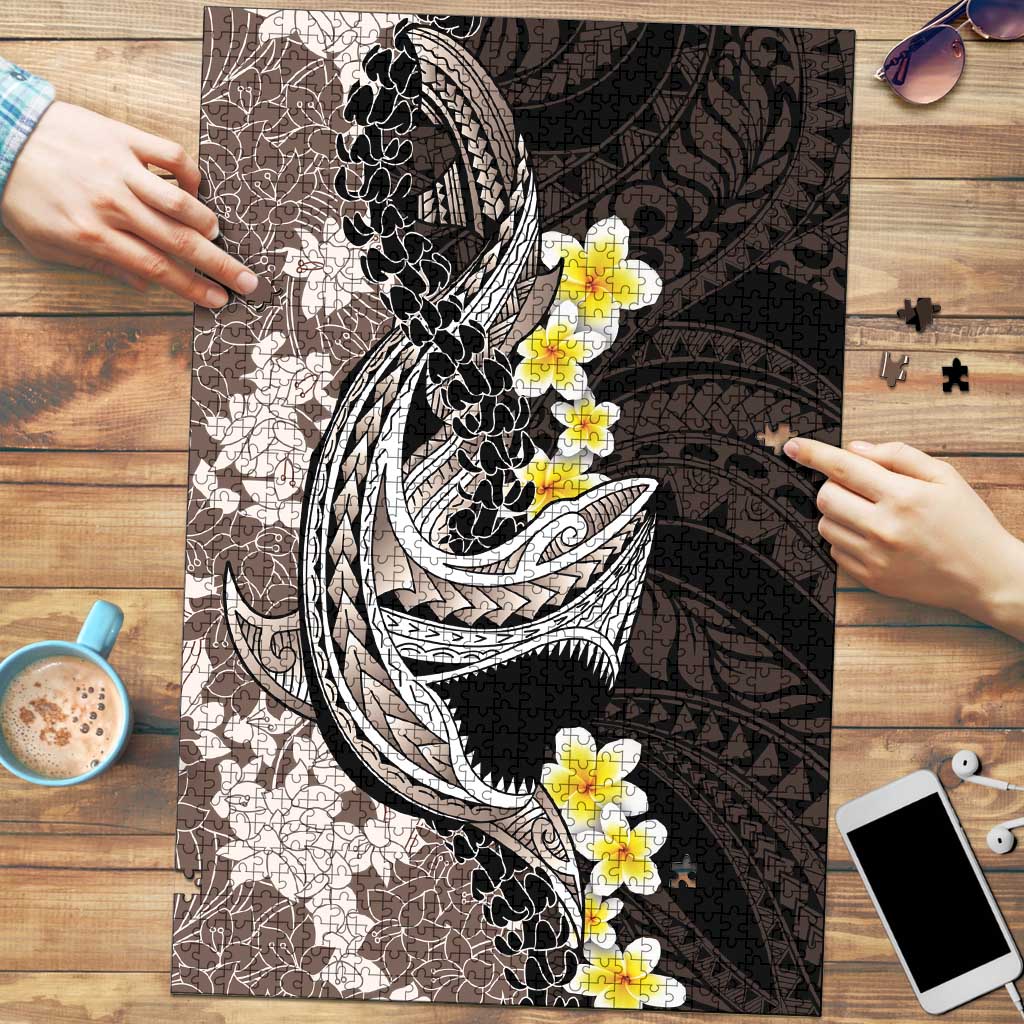 Brown and Black Hawaii Shark Tattoo Puzzle Puakenikeni Lei Plumeria Polynesian Pattern - Polynesian Pride