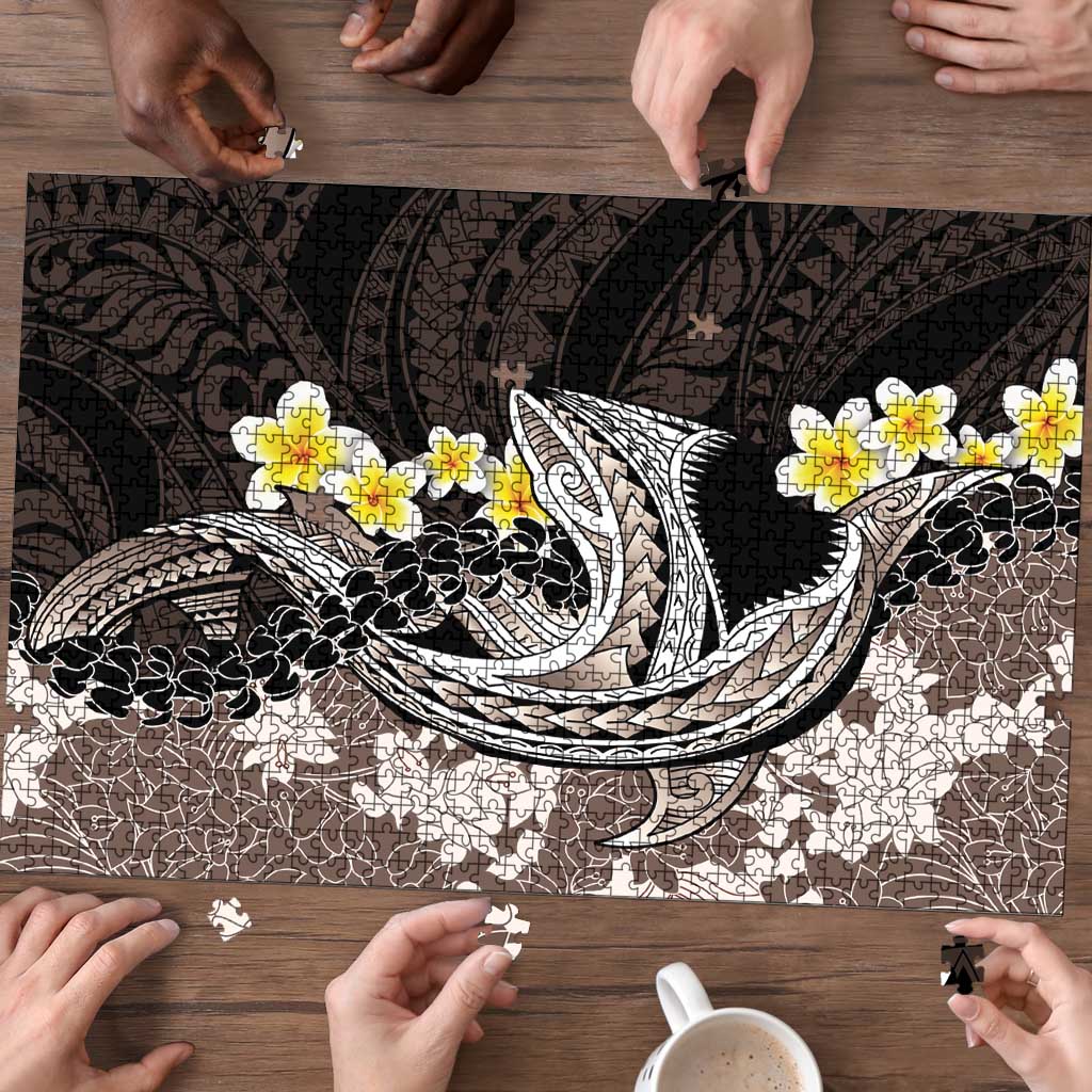Brown and Black Hawaii Shark Tattoo Puzzle Puakenikeni Lei Plumeria Polynesian Pattern - Polynesian Pride