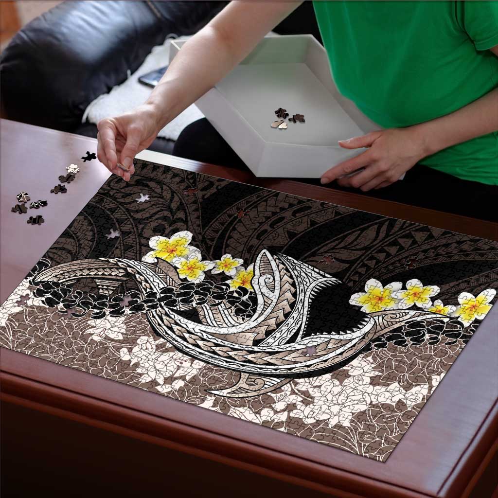 Brown and Black Hawaii Shark Tattoo Puzzle Puakenikeni Lei Plumeria Polynesian Pattern - Polynesian Pride