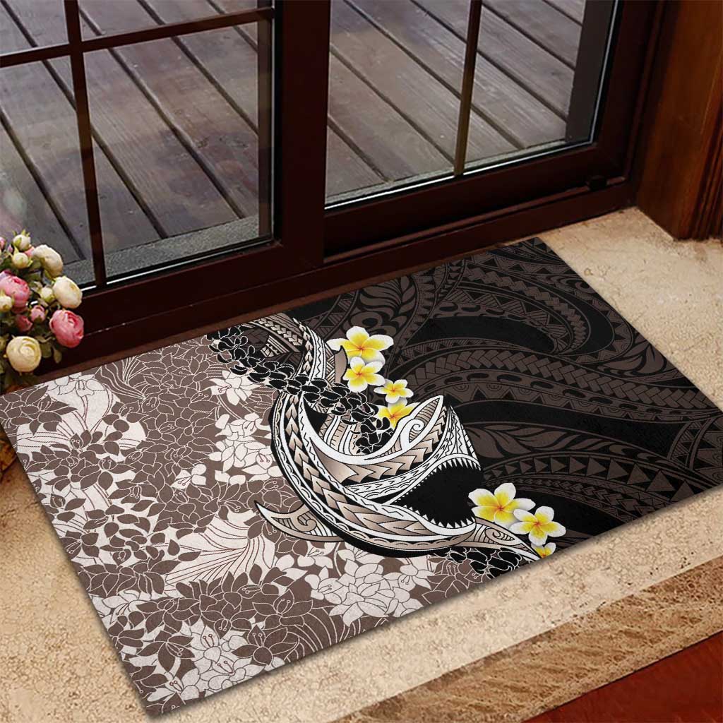 Brown and Black Hawaii Shark Tattoo Rubber Doormat Puakenikeni Lei Plumeria Polynesian Pattern - Polynesian Pride