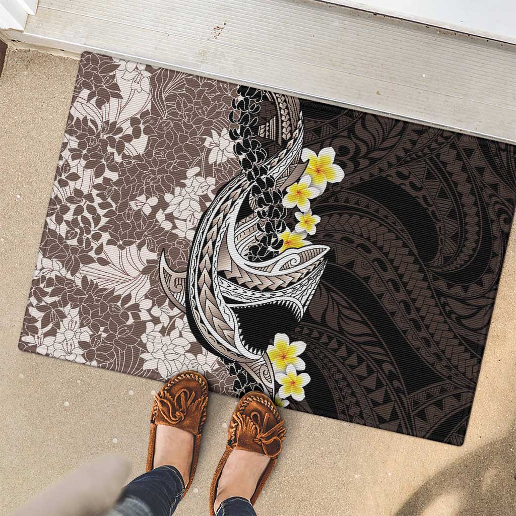 Brown and Black Hawaii Shark Tattoo Rubber Doormat Puakenikeni Lei Plumeria Polynesian Pattern - Polynesian Pride