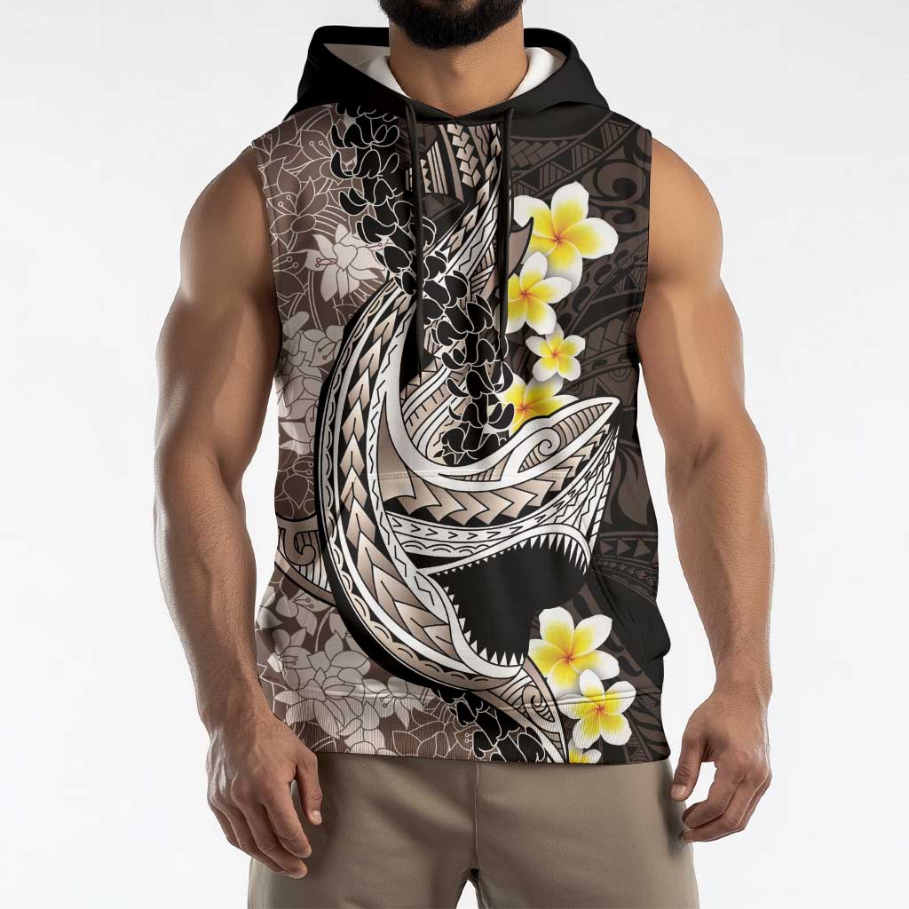 Brown and Black Hawaii Shark Tattoo Sleeveless Hoodie Puakenikeni Lei Plumeria Polynesian Pattern - Polynesian Pride
