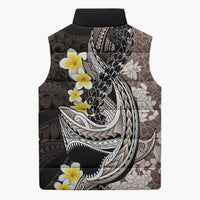 Brown and Black Hawaii Shark Tattoo Sleeveless Puffer Jacket Puakenikeni Lei Plumeria Polynesian Pattern - Polynesian Pride