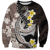 Brown and Black Hawaii Shark Tattoo Sweatshirt Puakenikeni Lei Plumeria Polynesian Pattern - Polynesian Pride