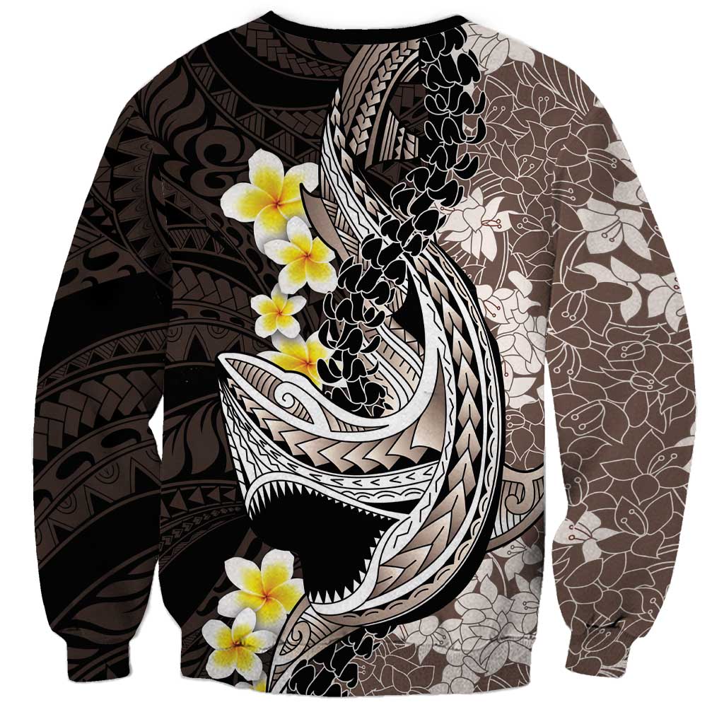 Brown and Black Hawaii Shark Tattoo Sweatshirt Puakenikeni Lei Plumeria Polynesian Pattern - Polynesian Pride